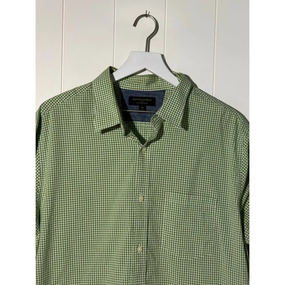 Banana Republic Slim Fit Gingham Button Shirt Green White Cotton XL